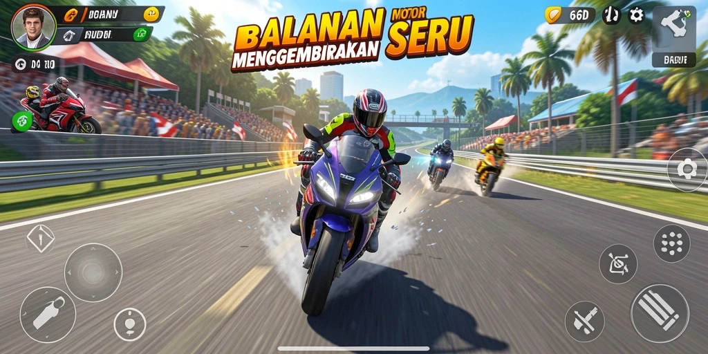 Screenshot 66D menampilkan balapan motor yang seru di trek menantang.
