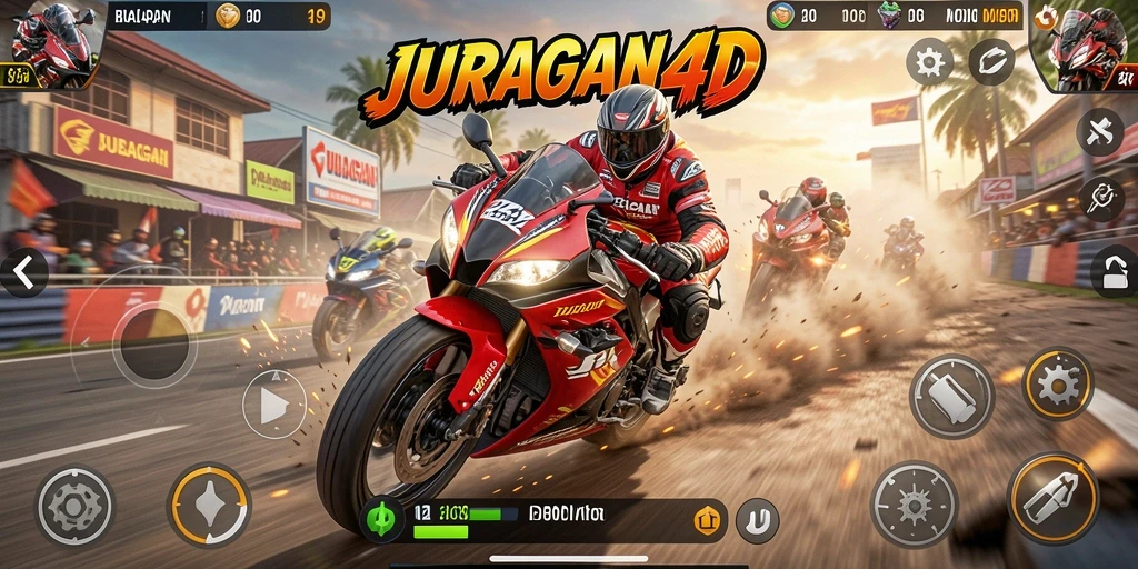 Screenshot JURAGAN4D menampilkan aksi balapan motor yang mendebarkan.