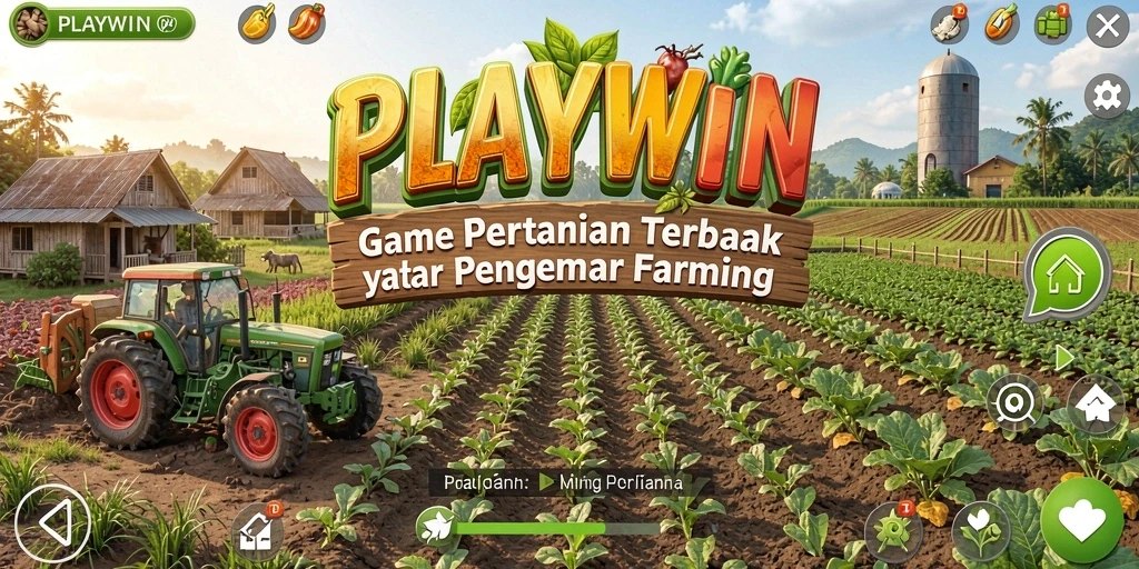 Screenshot main PLAYWIN menampilkan ladang hijau dan tanaman subur.