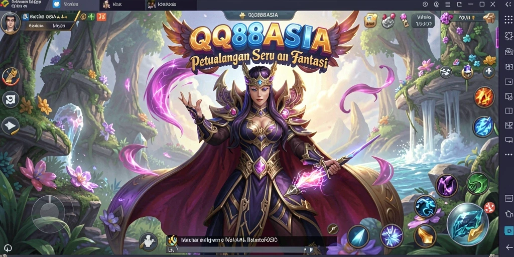 Tangkapan layar gameplay QQ88ASIA menunjukkan suasana petualangan yang epik dan penuh warna.