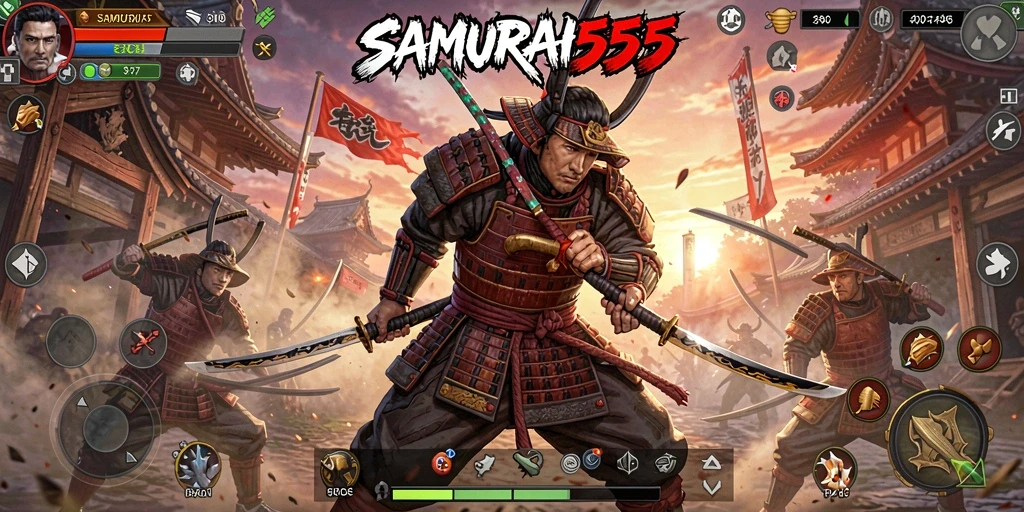 Tampilan gameplay epik dalam pertarungan samurai.