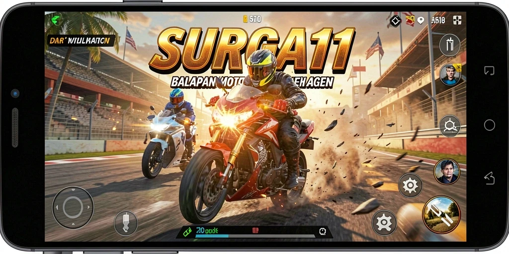 Screenshot gameplay SURGA11 menampilkan balapan motor yang intens dan mendebarkan.