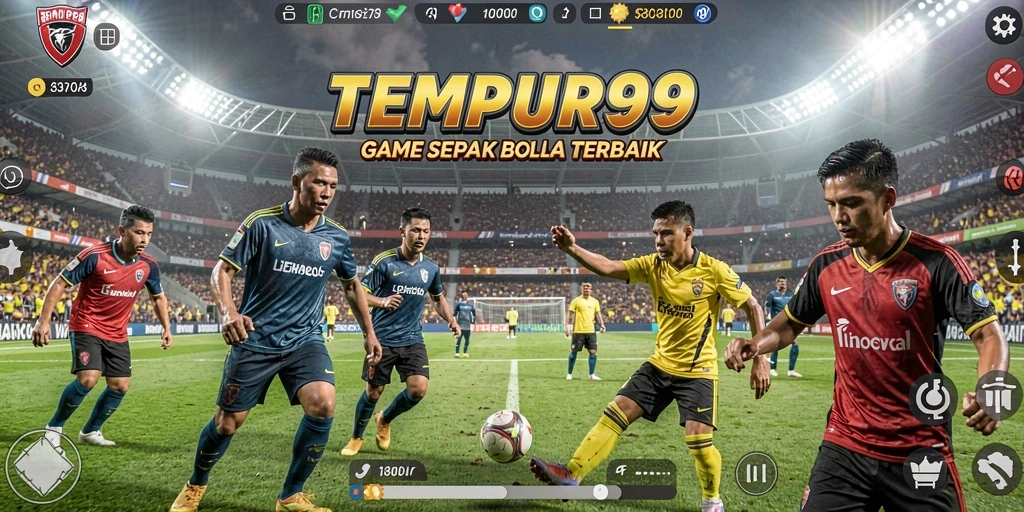 Screenshot menunjukkan gameplay seru dalam pertandingan sepak bola.