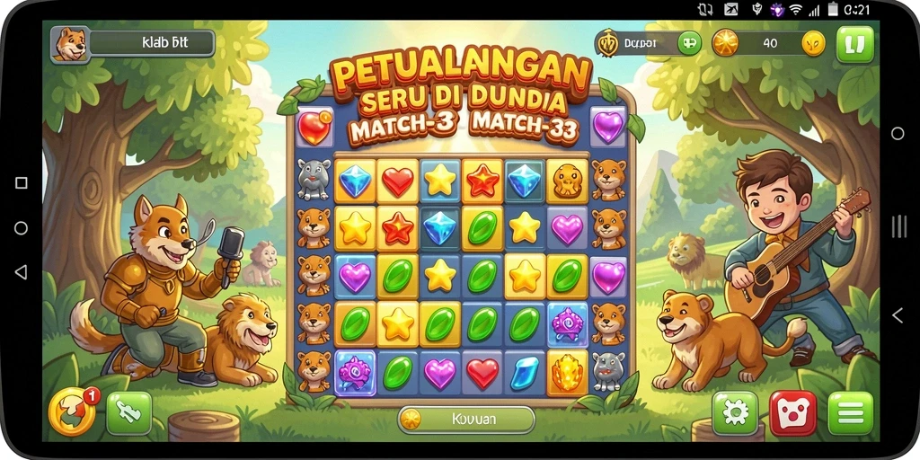 Screenshot utama V21 menampilkan gameplay Match-3 yang seru dan interaktif.